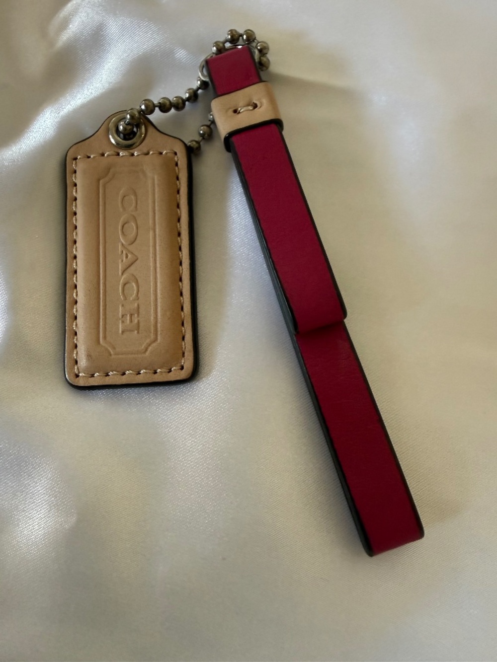 Coach Leather Tassel and Hang Tag Set Bag Charm Key Fob Fuscia/Tan